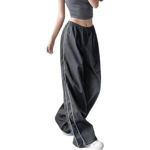 Womens Baggy Y2K Parachute Dark Gray Pants High Waisted Lightweight Streetwear